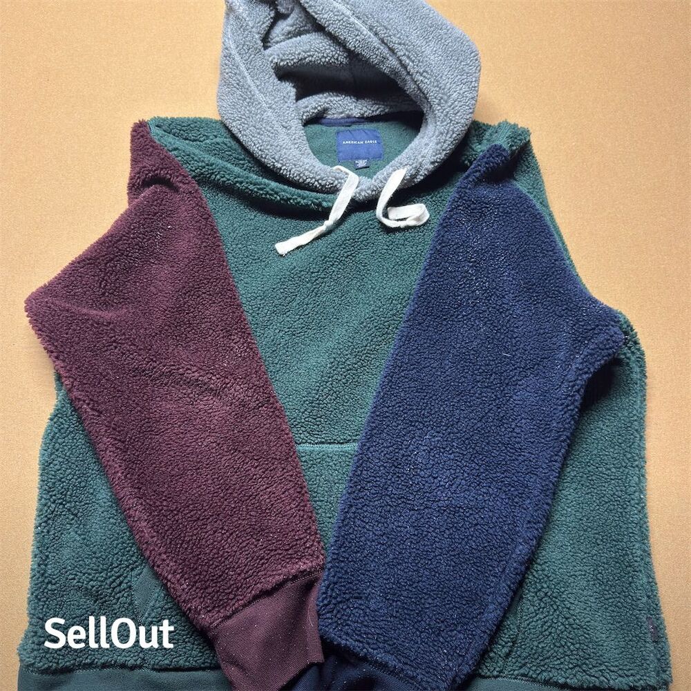 American Eagle Unisex Colorblock Sherpa Fleece Hoodie Sweatshirt M